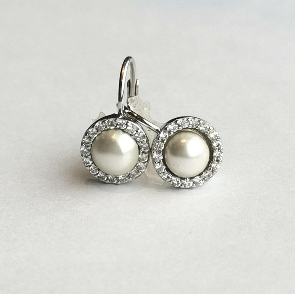 White Mabe pearl cz halo lever back earrings sterling silver 🆕